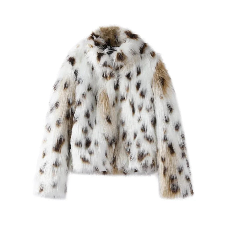 Elegant Leopard Print Faux Fur Cropped Jacket For Women Outwear