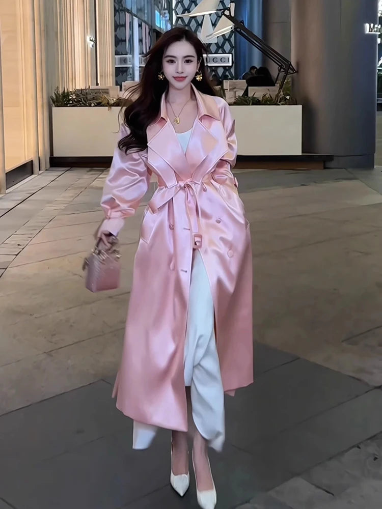 Long Flowy Shiny White Trench Coat for Women Double Breasted Design