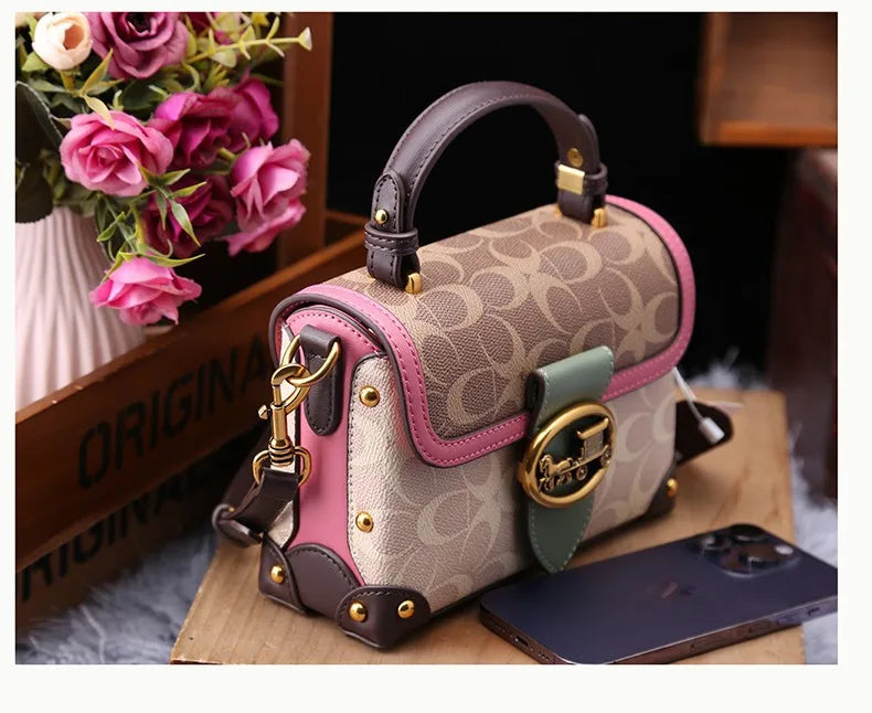 contrasting color women's bag, high-end carriage crossbody bag, portable box bag