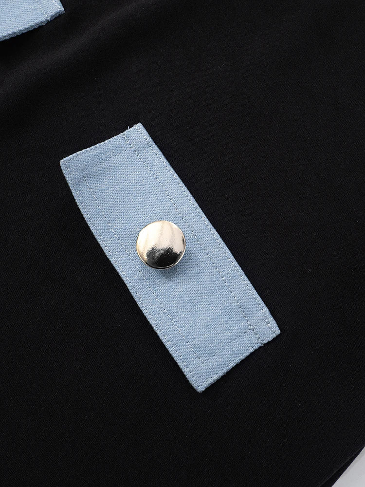 Denim Patchwork Rompers Polo-Neck Backless Sleeveless Vacation Playsuits