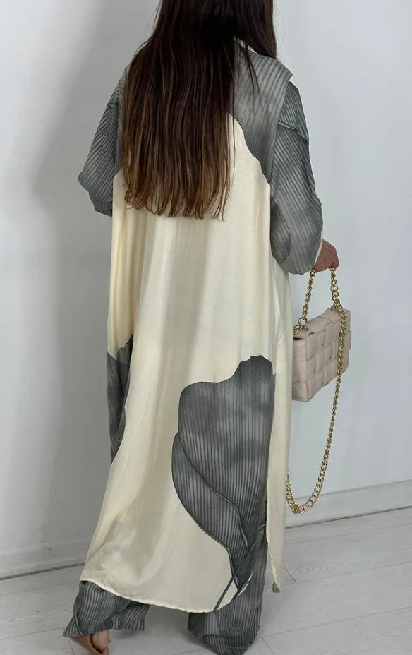 Elegant Lady Two Piece Set Printed Long Shirt Top + Wide Leg Pants 2-piece Outfit Oversized Sets