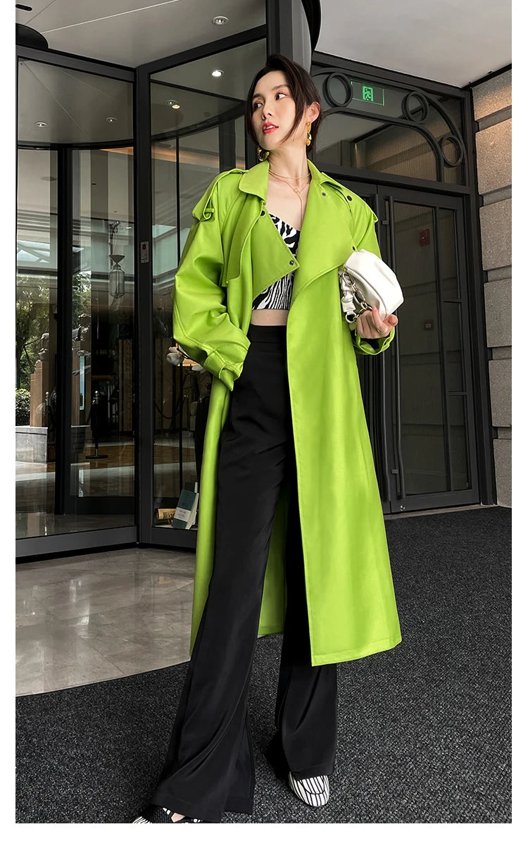 Luxury Long Oversized Bright Green Faux Leather Trench Coat for Women