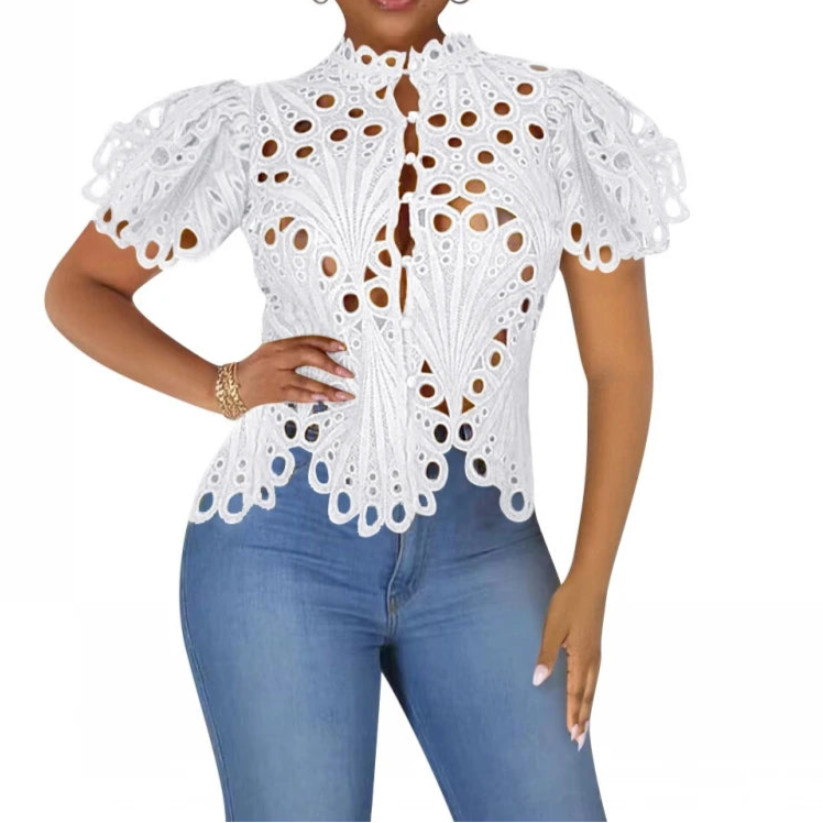Summer Shirts For Women Elegant Short Sleeve Hollow Out Lace Sheer See Through Top Blouse