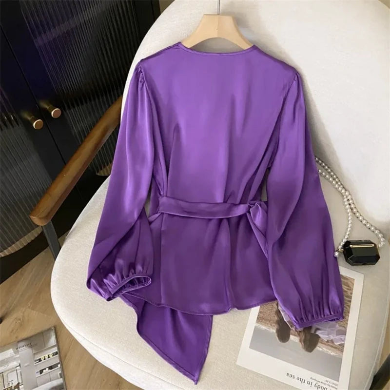 Lace Up Elegant Shirts Commute Long Sleeve Blouse Purple V Neck Slim Tops