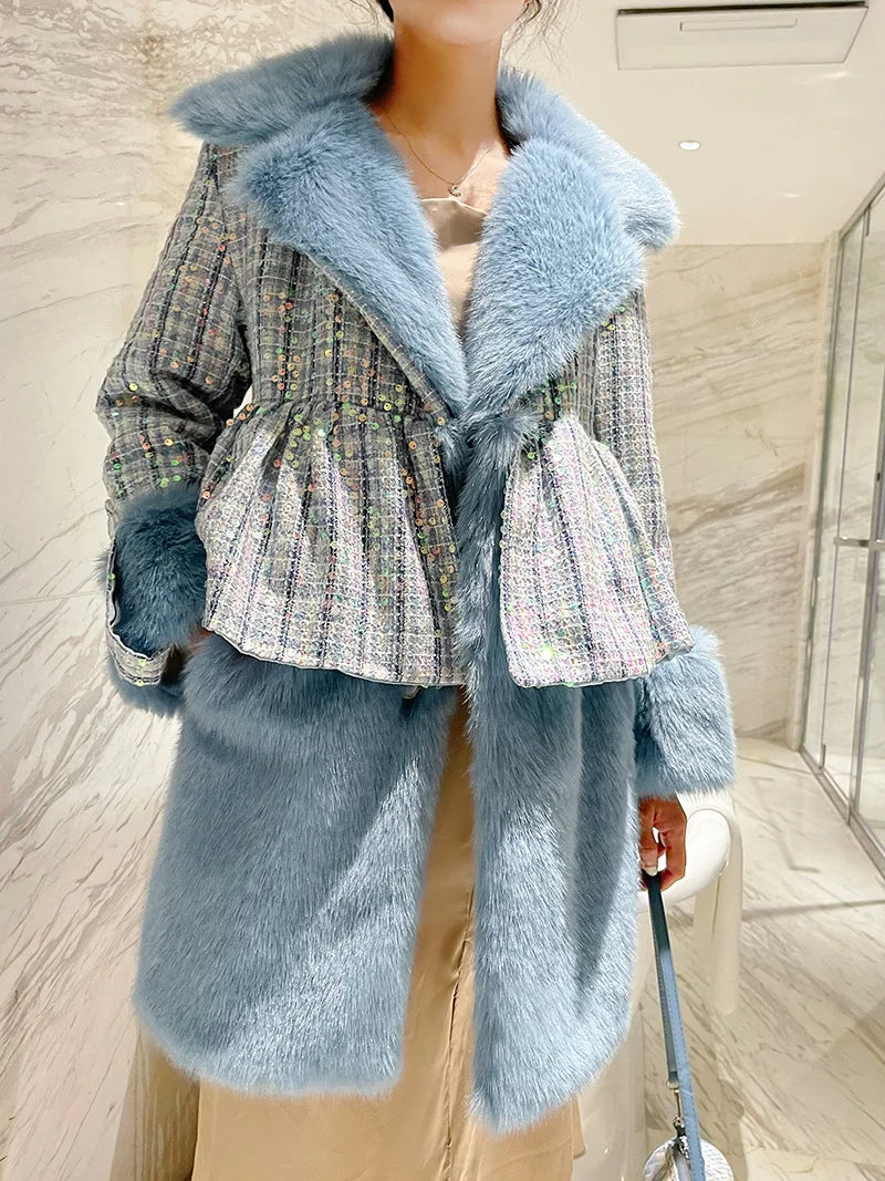 Winter Fur Coat Women Luxury Sequined Wool Faux Fur Long Jacket Fluffy Overcoat