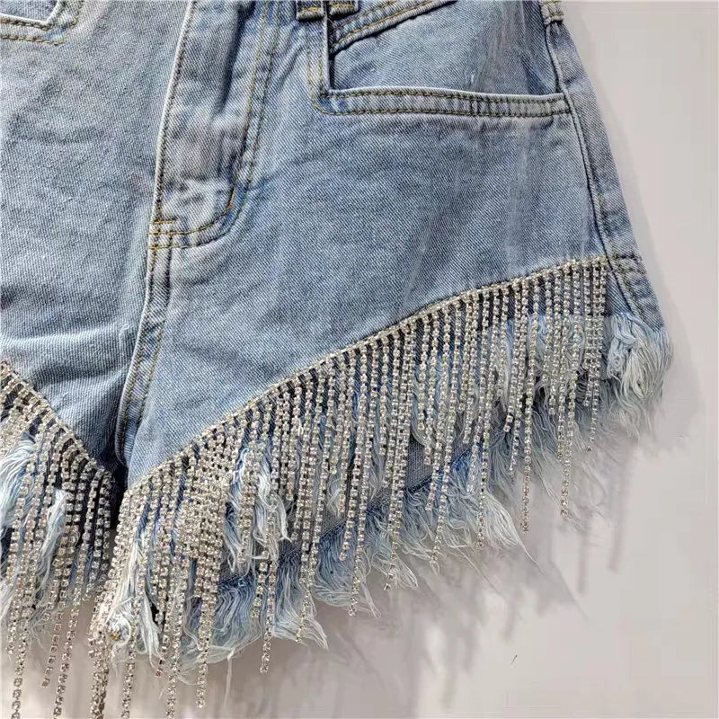 Denim shorts women's heavy industry rhinestone design high waist hot pants