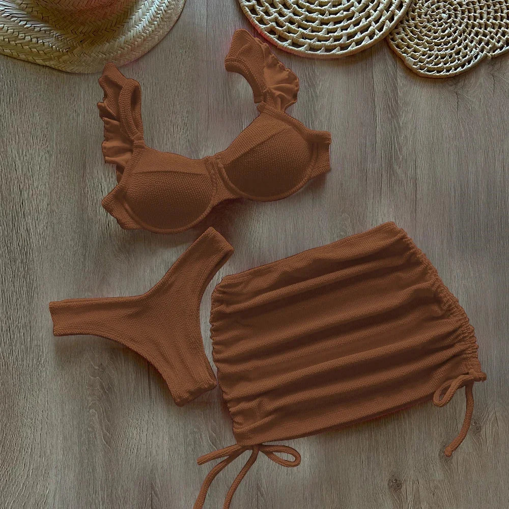 Solid Wavy Fabric Low Waist Ruffle Bikini Set Cover Up Swimsuit For Women