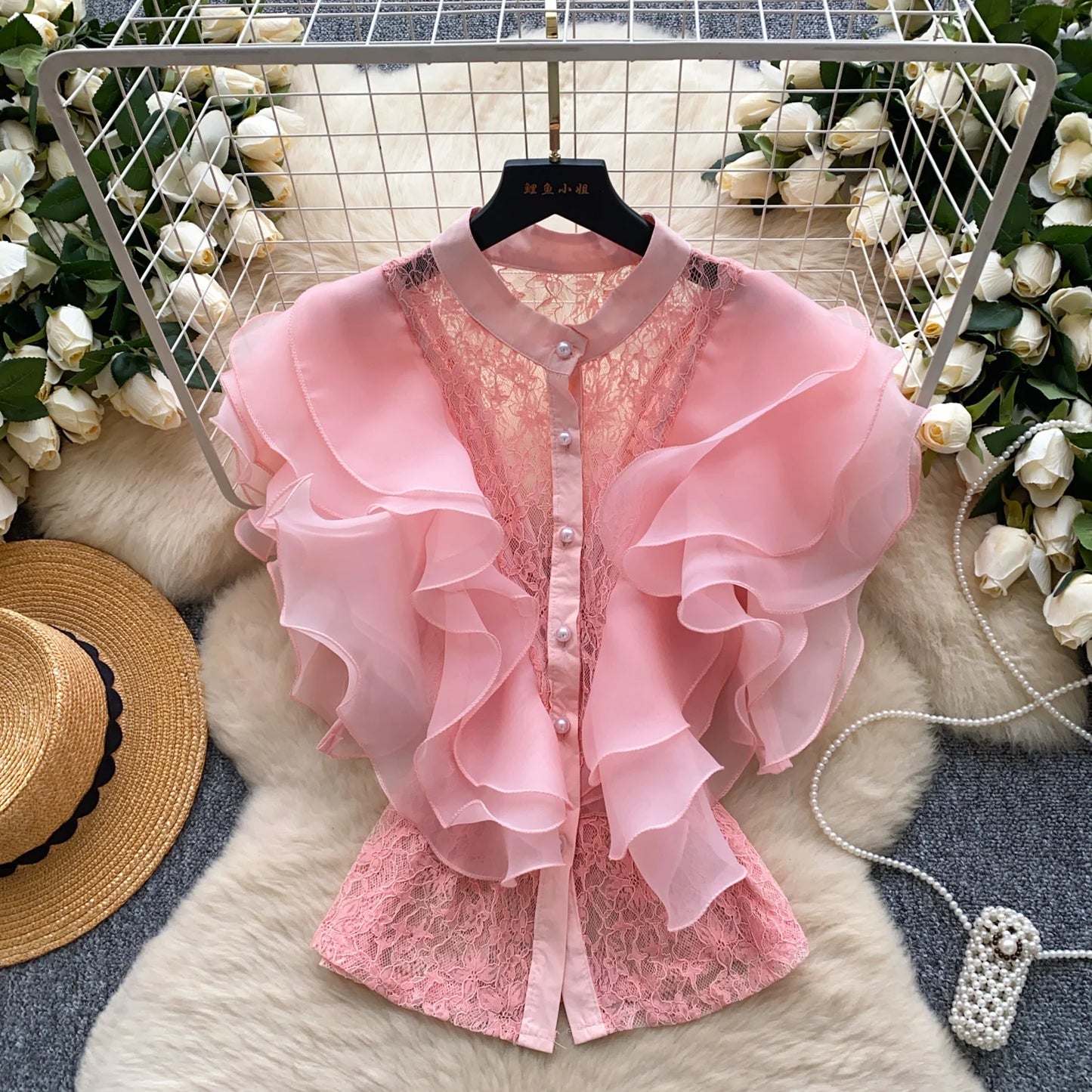 Ruffle Blouses Women French Style Single Breasted Lace Patchwork Shirt Summer Top