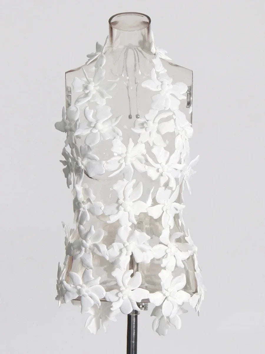 Spliced 3D Flower Cutout Sexy Vest for Women Halter Sleeveless Backless Off Shoulder Patchwork Lace Up Top