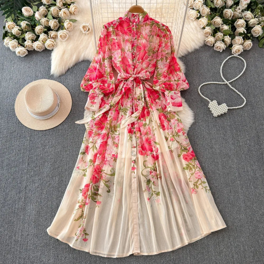French Style Midi Dress Femme Robe Stand Collar Lantern Sleeve Slim Fit High Waist Dress