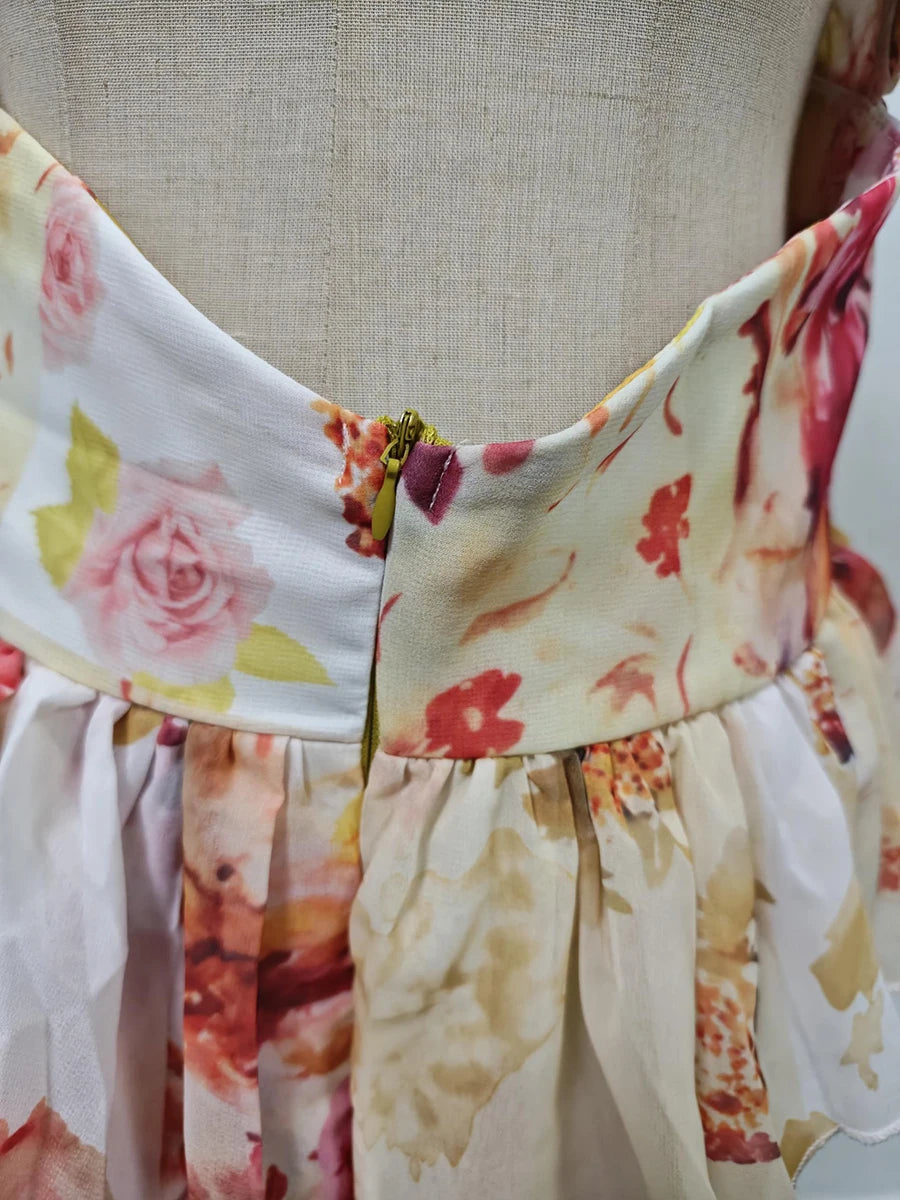 Maxi Dress for Women V Neck Sleeveless High Waist Patchwork Ruffles Edge French Sexy Printed Dress
