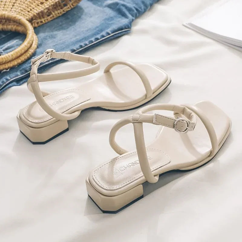 Women Buckle Mid-Calf Strap Med Block Heels Luxury Peep Girls Beige Medium Chunky Sandals