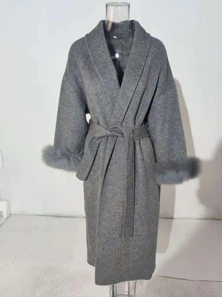 Women Overcoats Fur Patchwork Long Sleeve Woolen Coat