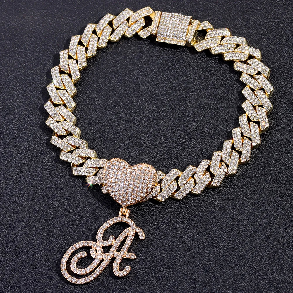 A-Z Cursive Initial Letter Cuban Anklets Bracelet For Women 14mm Iced