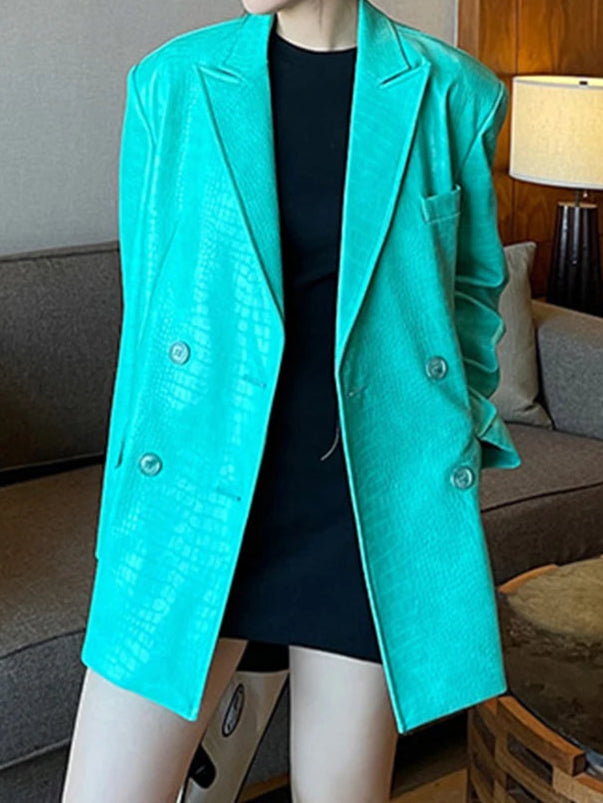 Oversized Shiny Purple Crocodile Pattern Faux Leather Blazer for Women Y2k