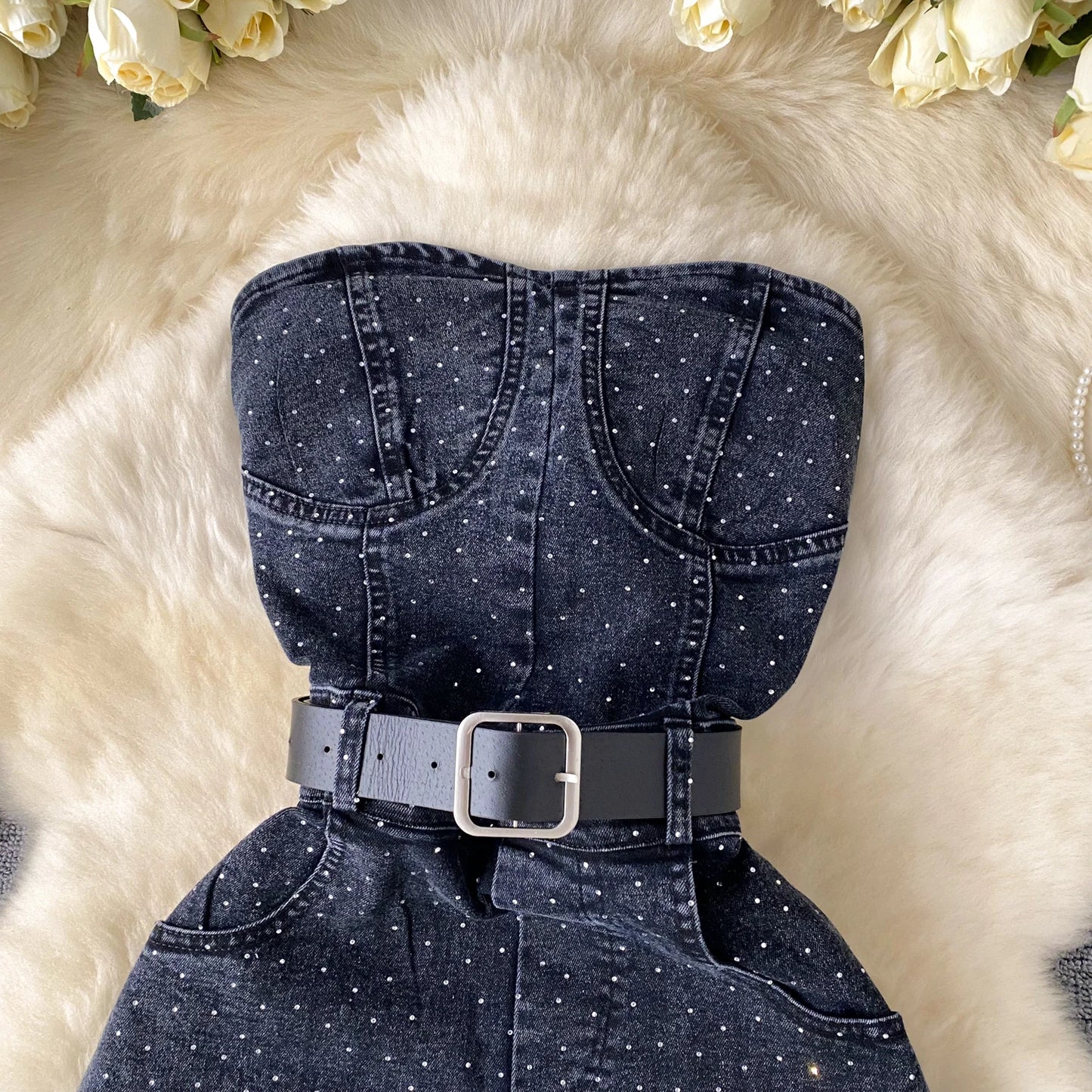 Women Denim One Pieces Summer Playsuit High Waist Slim Sleeveless Strapless Sashes Outfits