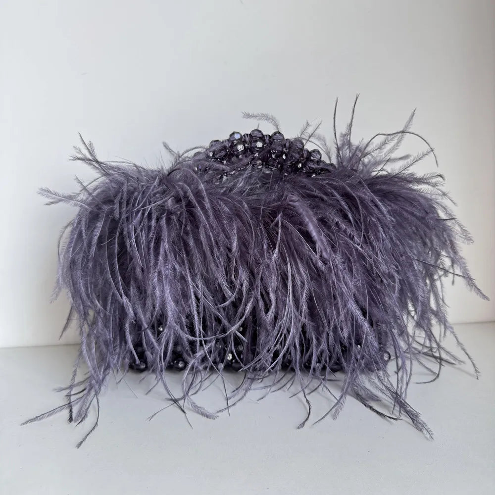 Pearl Bead Bag With Feather Fur Designer Brand Clear Acrylic Crystal Handbag Handmade