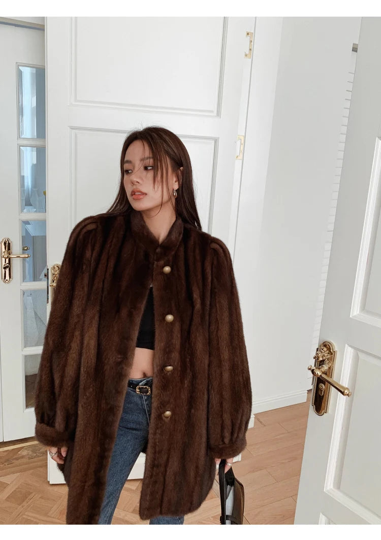 Brown Thick Warm Soft Faux Mink Fur Coat Women Puff Sleeve Stand Collar Fluffy Jacket