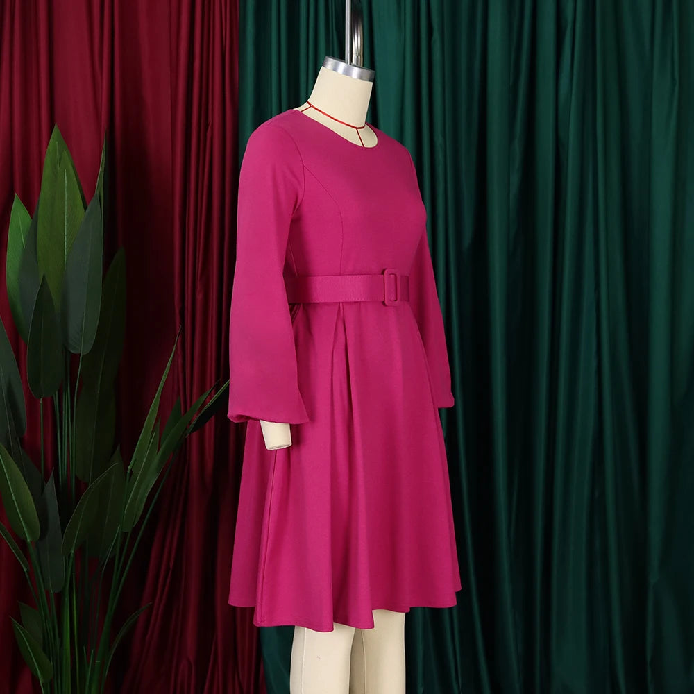Elegant Office Dresses Women O Neck Full Sleeve Belt Waisted Pleated A Line Mid Calf Formal Female Business Work Wear Dress Midi