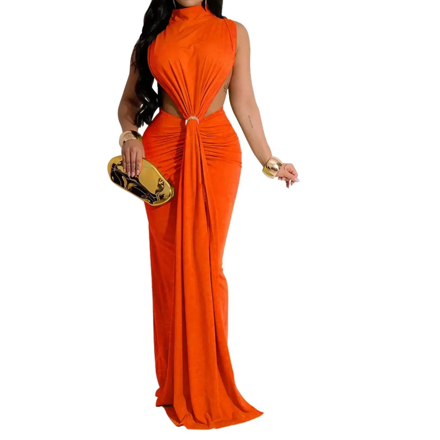 Women O-neck High Split Stacked Bodycon Maxi Dress Evening Party Club Dress