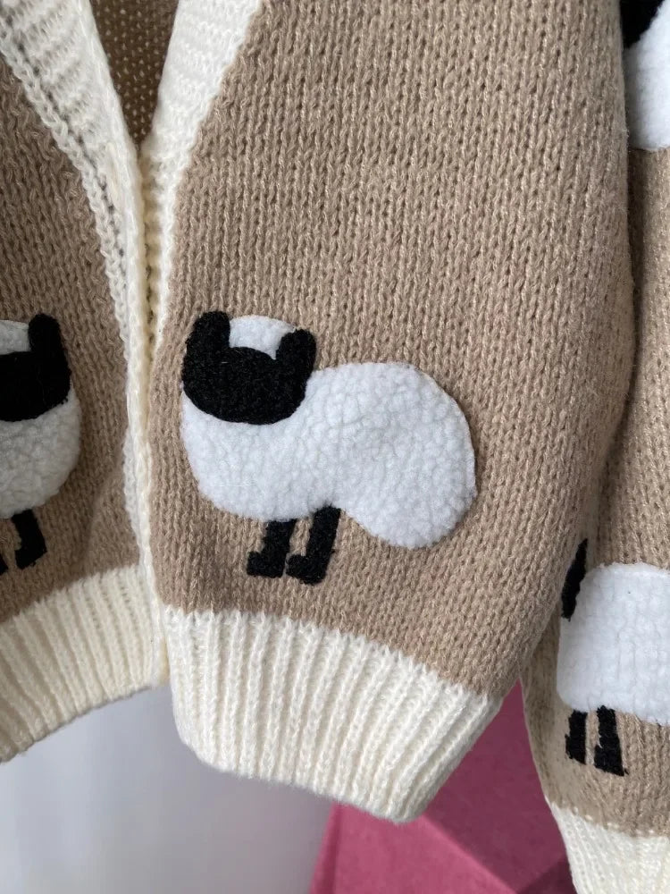 Sheep Pattern Crochet Chunky Knit Cardigan Cute Cartoon V Neck Sweater