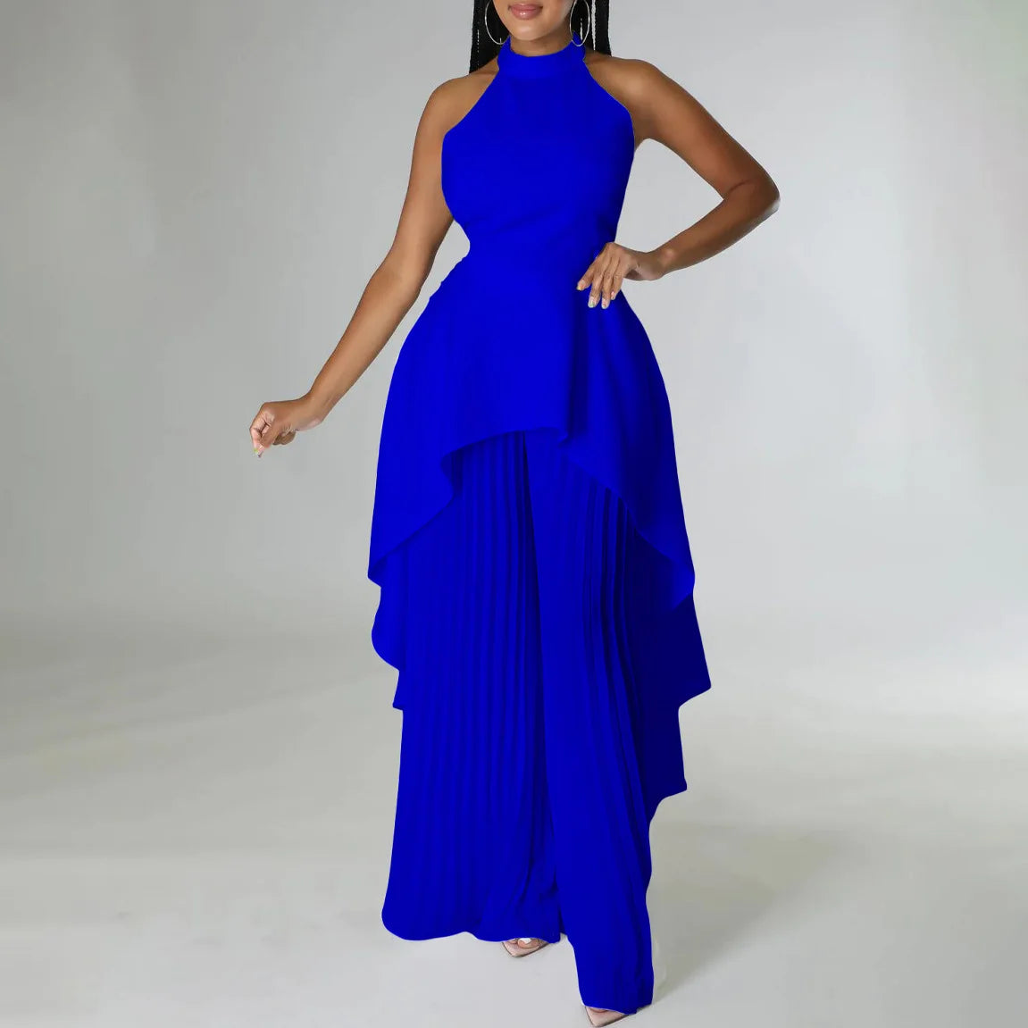 Elegant Two Piece Set Women Outfit Backless Top Hundred Pleated Wide Leg Pants Trousers Suit Summer Office Lady Suit