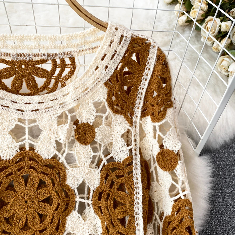 Sunscreen Hook Summer Knit Top Women Elegant O Neck Hollow Out Lantern Sleeve Ladies Vacation Tassel Beach Blouse