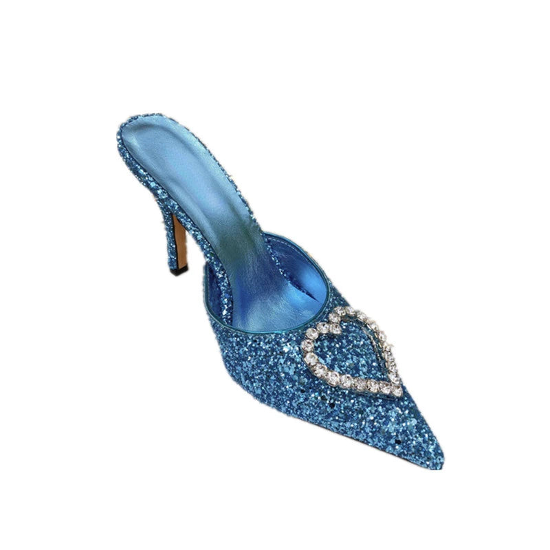 Shallow Mouth High-heeled Women's Shoes Love Rhinestone Shining Thin Heel Pump Slippers