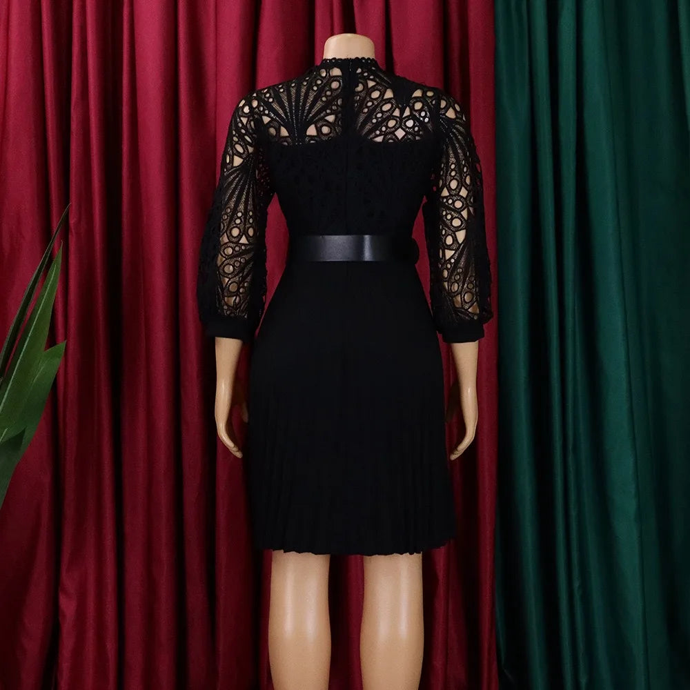 Elegant Dresses for Women O Neck Three Quarter Sleeve Belt Waisted Lace Patchwork Knee Length Luxury Female Birthday Party Dress