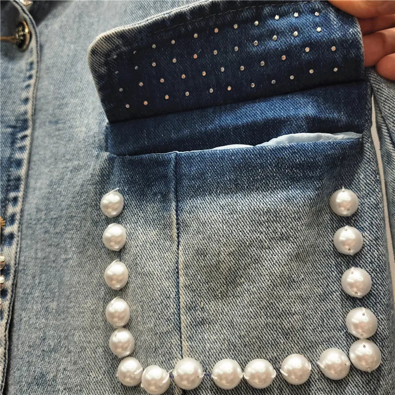 Women Pearls Beaded Denim Jacket Turn Down Collar Jeans Blazers