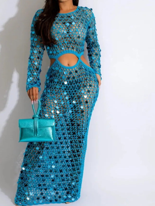Fishnet Knitting Hollow Sequins Maxi Dress Sexy See Through Vacation Beach Dress Resort Wears