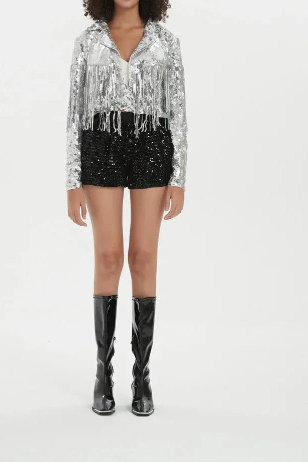 New Long Sleeve Sequin Tassel Patchwork Coat Cardigan Jacket