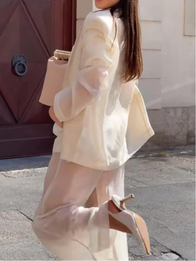 Sexy See Through Silk Set Women Elegant Blazer Coat Loose Shirt Wide-leg Pants
