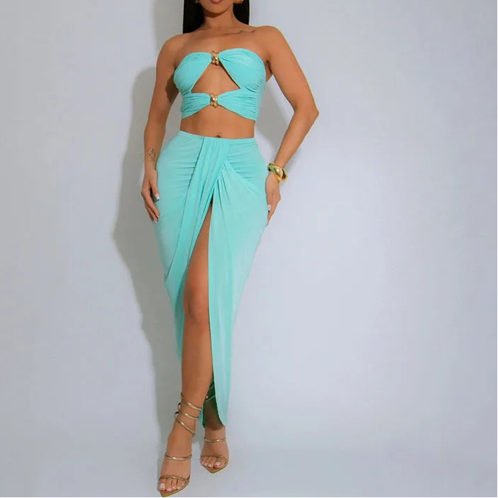 Hollow Metal Buckle 2 Piece Set Resort Wear Women Y2K Split Maxi Skirt Matching Clubwear Outfits