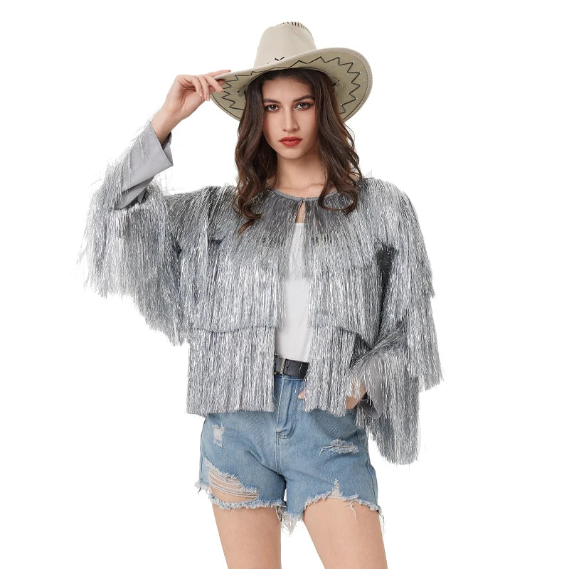 Tinsel Women Coat Temperament Club Coat Long Sleeve Trendy Fashion Sequins Tassel Jacket