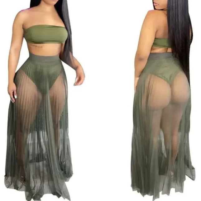Women Mesh See Though Two Piece Set Sexy Beach Strapless Tops and Pleated Maxi Skirts Matching Set Summer Outfits