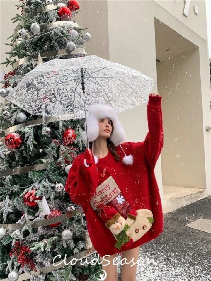 Christmas Sweater Loose New Lazy Thick Sweater Three-dimensional Cartoon Red Sweater