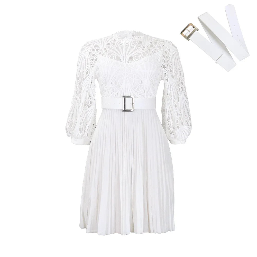 Elegant Dresses for Women O Neck Three Quarter Sleeve Belt Waisted Lace Patchwork Knee Length Luxury Female Birthday Party Dress