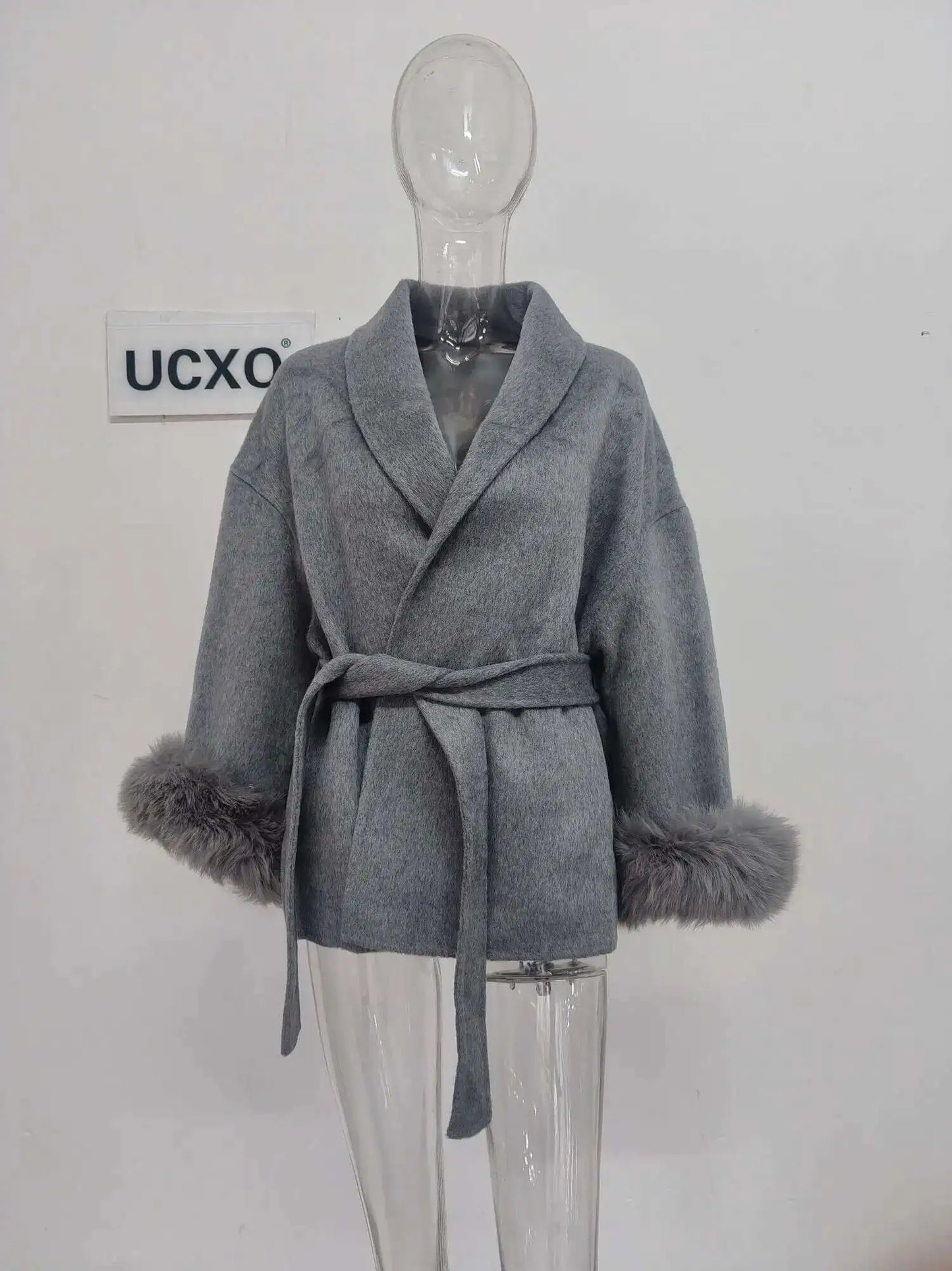 Women Overcoats Fur Patchwork Long Sleeve Woolen Coat