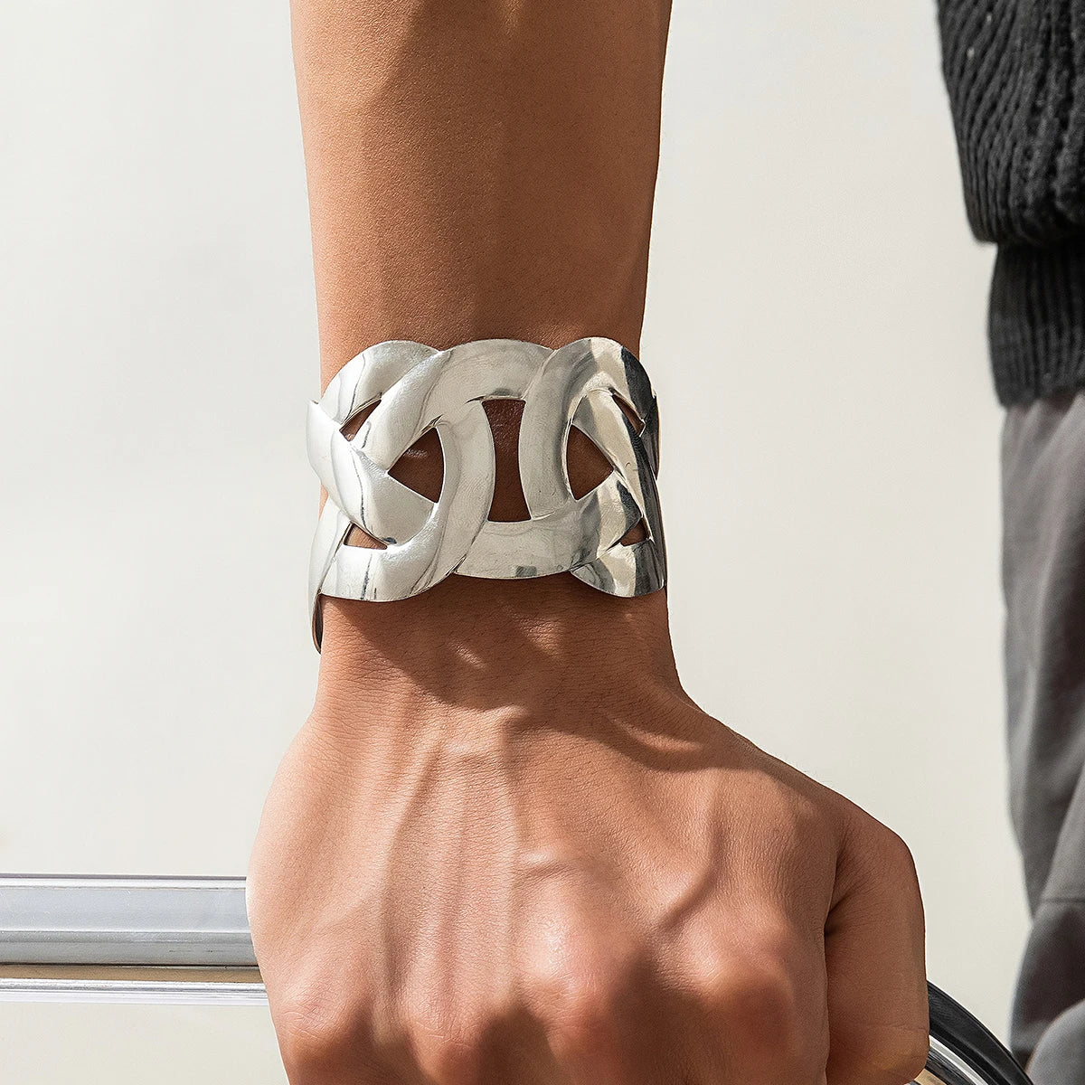 Punk Smooth Hollow Out Metal Wide Open Cuff Bangles for Women