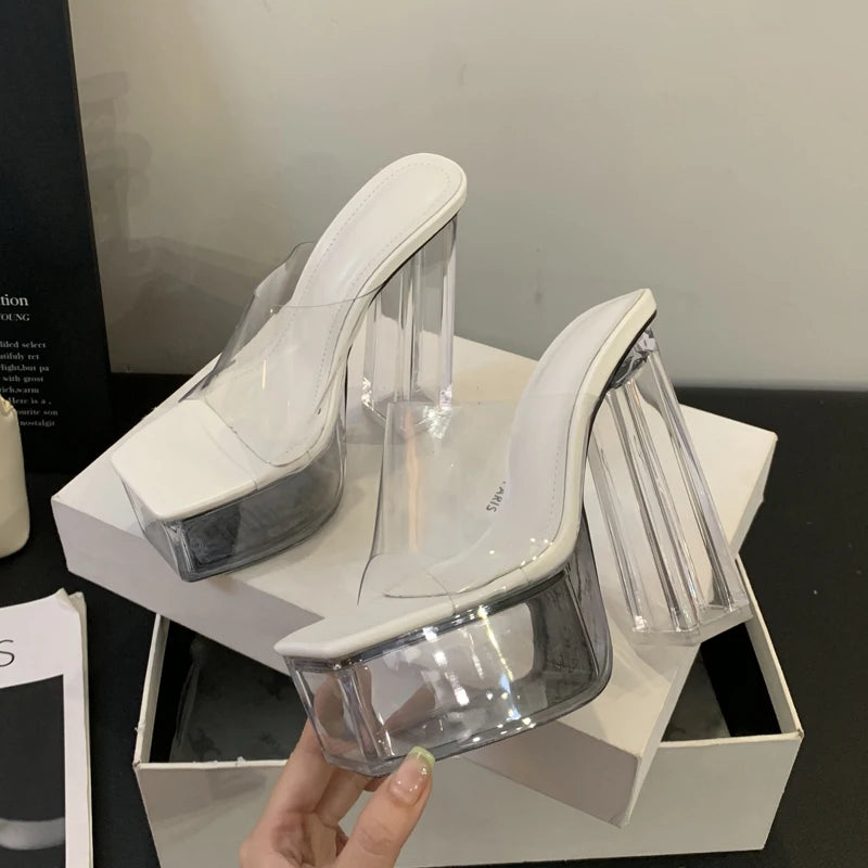 PVC Transparent Slippers Women Square Toe Platform High Heels