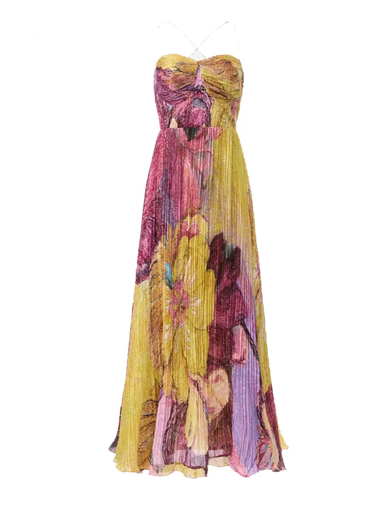 Women Strapless Sleeveless Backless Slim Sling Pleated Dress Party Maxi Dress