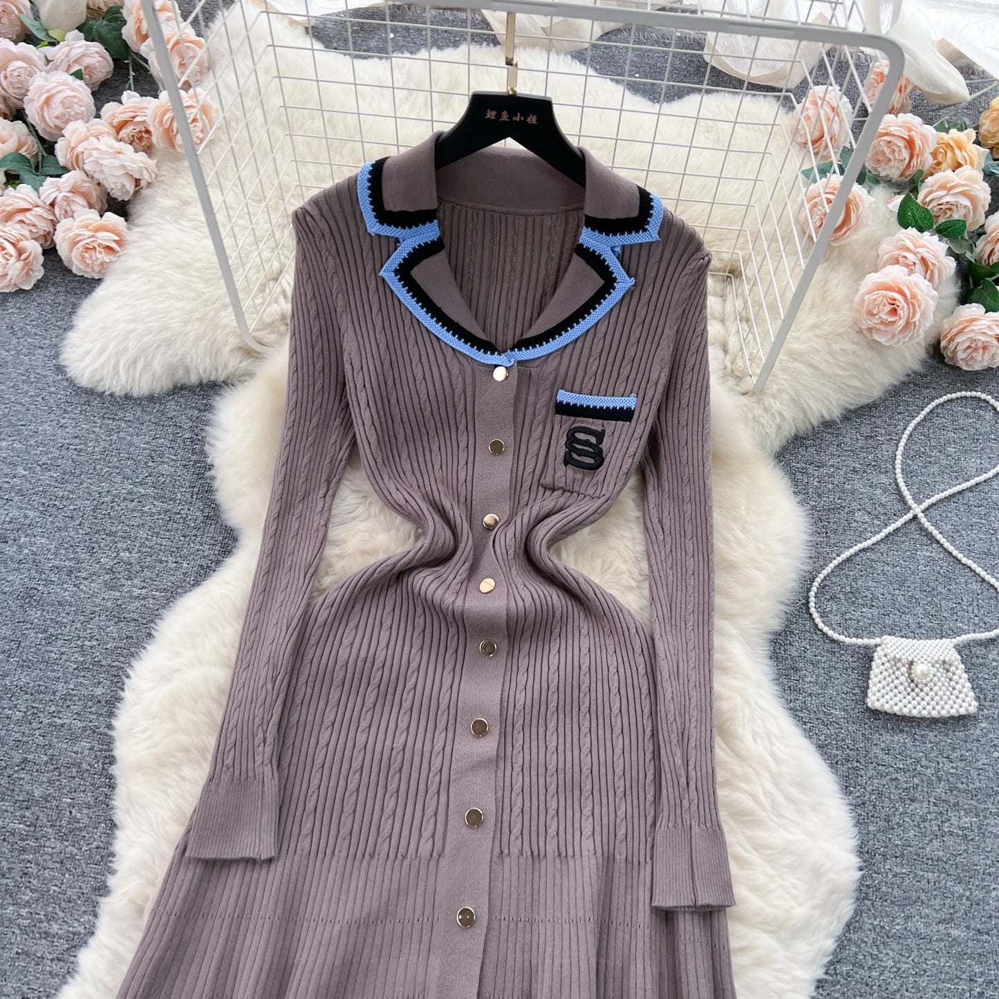 Women Polo Dress Single Breasted Pocket Design Bodycon Knitted Dress Sweater Midi Dress