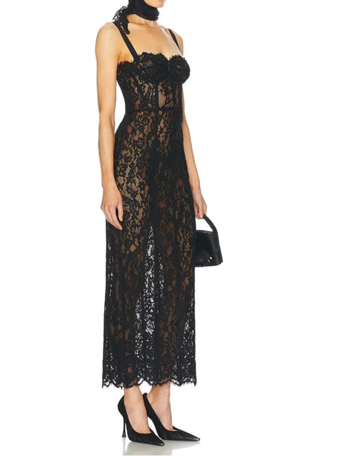 Sexy Spaghetti Strap Square Neck Lace Long Dress Women Black Floral Lace Bodycon Dress