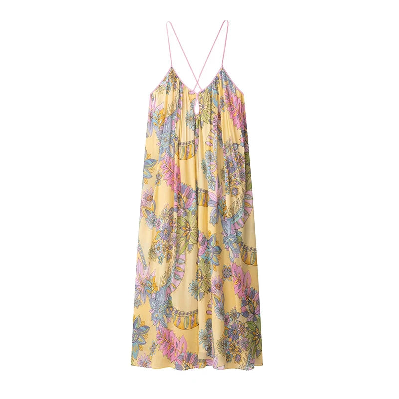 Print Floral Women's Dress Halter V-neck Sleeveless Hollow out Straight Vacation Dress