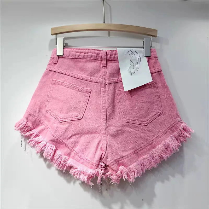 Denim shorts women's heavy industry rhinestone design high waist hot pants