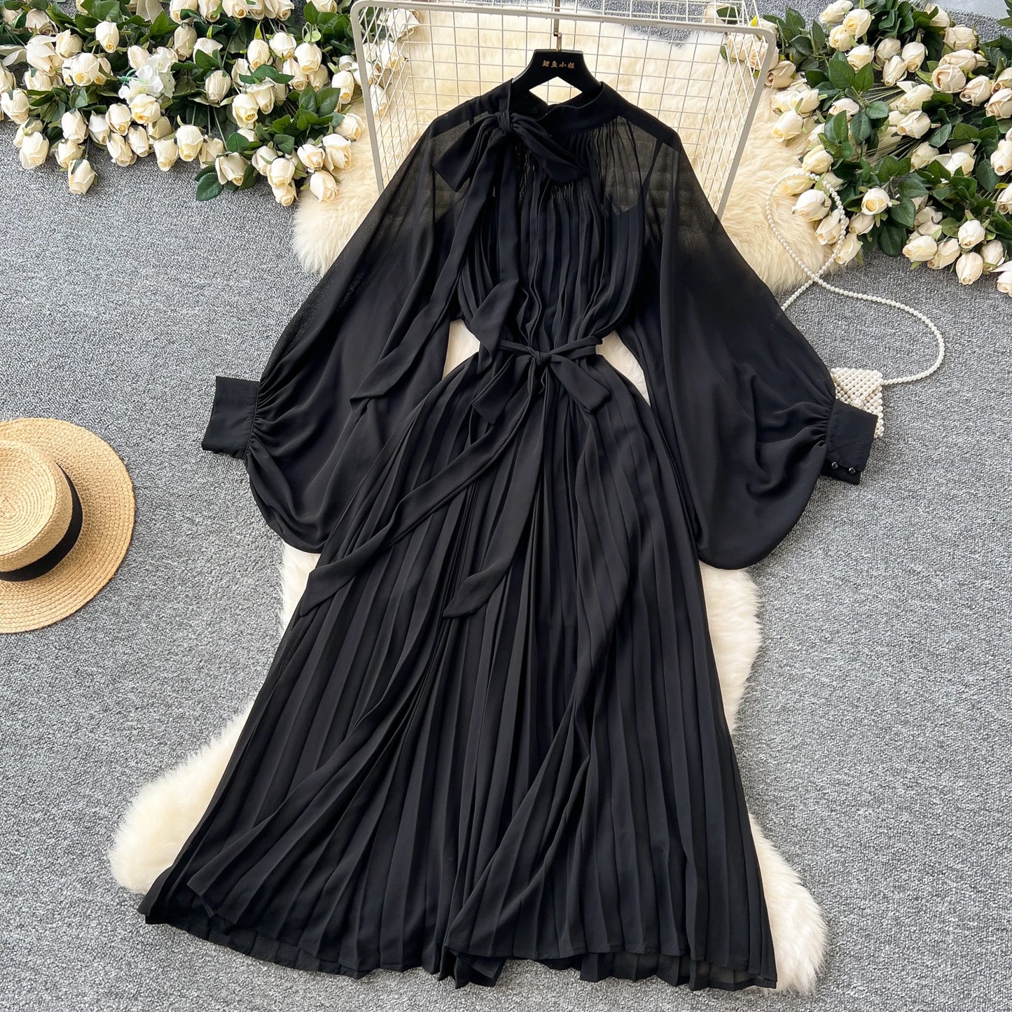 Women Elegant Long Flare Sleeves Vintage Bow neck Bow Loose Midi Dress