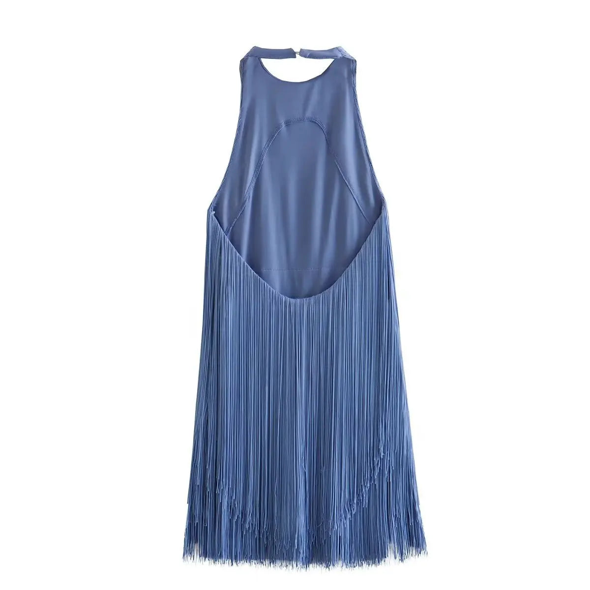 Women's Solid Color Hanging Neck Sling Backless Tassel Mini Dress
