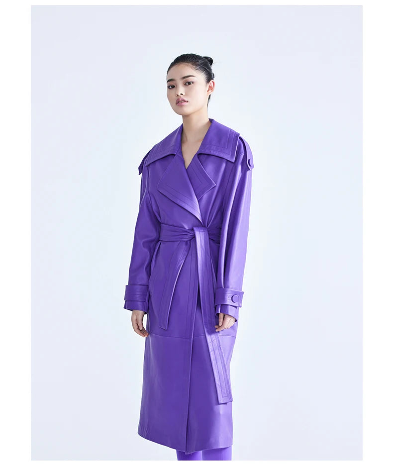 Elegant Purple Colored Faux Leather Trench Coat for Women Sashes Runway Coat