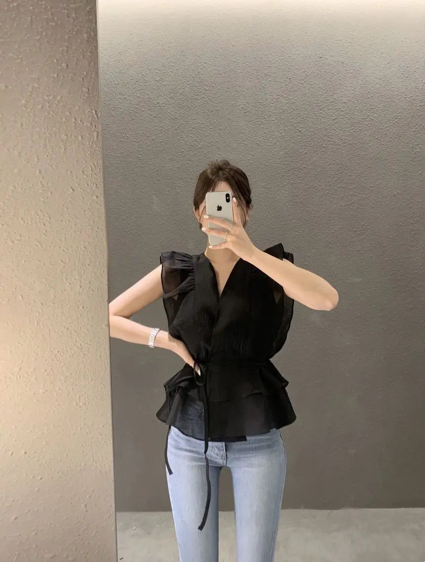 Lace Up Top Ruffled V-neck Sleeveless Shirts Blouse for Women